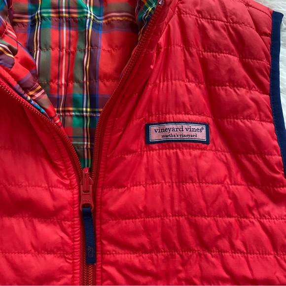 Vineyard Vines | Girls Red Reversible Tartan Plaid Puffer Vest - Picture 3 of 5